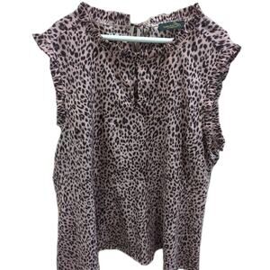 Susan Betro Pink Ruffle Keyhole Open Blouse Tie Cheetah Shirt Women's Size XXL